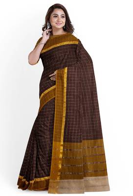 Coffee brown checked cotton blend saree with mustard border 2