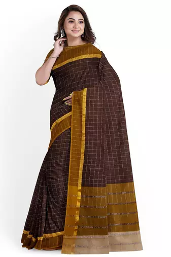 Coffee brown checked cotton blend saree with mustard border