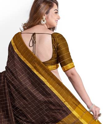 Coffee brown checked cotton blend saree with mustard border 3