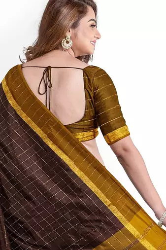 Coffee brown checked cotton blend saree with mustard border