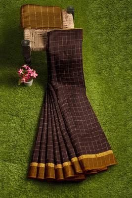 Coffee brown checked cotton blend saree with mustard border 4