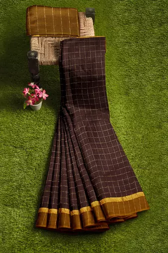 Coffee brown checked cotton blend saree with mustard border