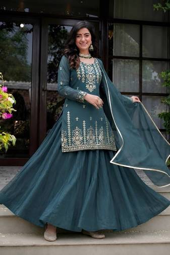 Teal sequin Embroidery Work Cotton Salwar Suit