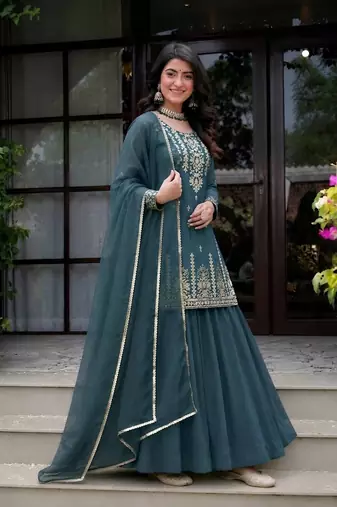 Teal sequin Embroidery Work Cotton Salwar Suit