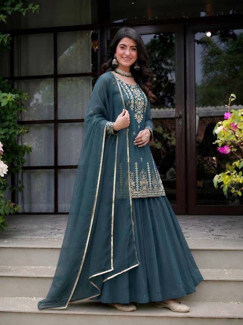 Teal sequin Embroidery Work Cotton Salwar Suit