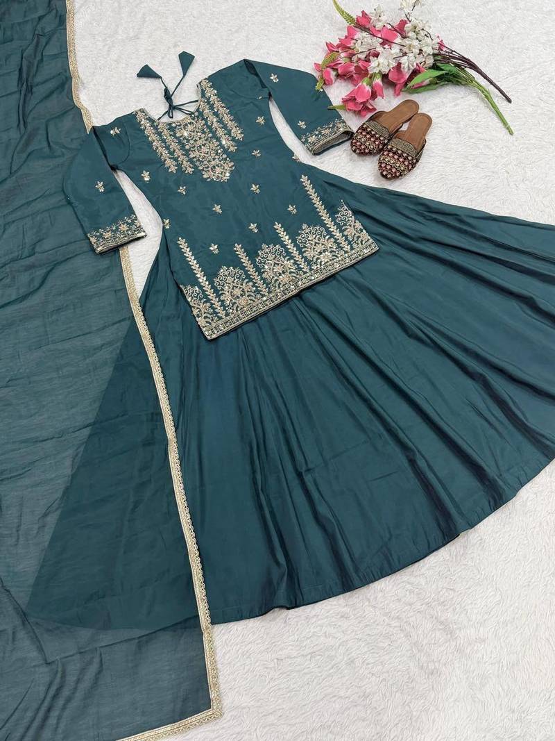Teal sequin Embroidery Work Cotton Salwar Suit