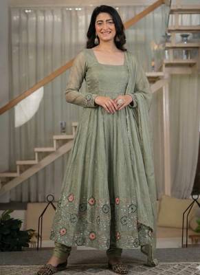mehendi embroidered crunchy silk full stitched anarkali suit 1