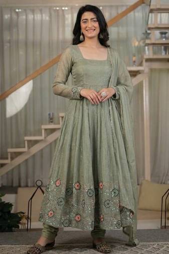 mehendi embroidered crunchy silk full stitched anarkali suit
