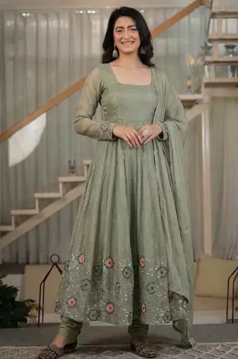 mehendi embroidered crunchy silk full stitched anarkali suit