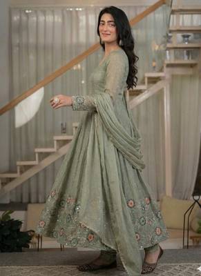 mehendi embroidered crunchy silk full stitched anarkali suit 2