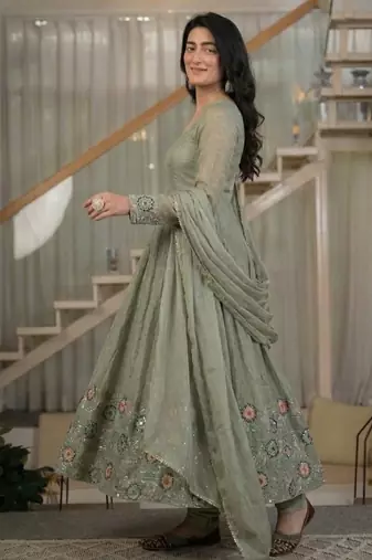 mehendi embroidered crunchy silk full stitched anarkali suit