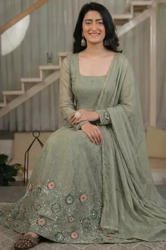 mehendi embroidered crunchy silk full stitched anarkali suit