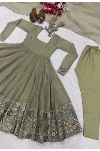 mehendi embroidered crunchy silk full stitched anarkali suit