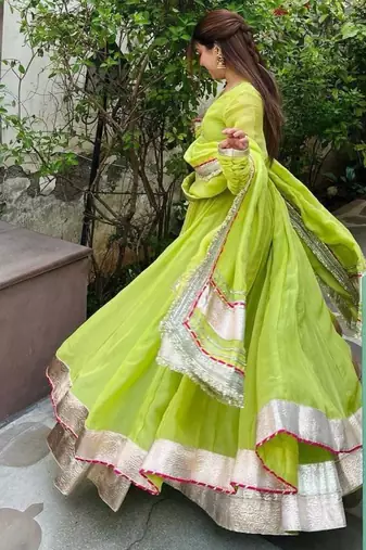 Green Tabby Organza Silk Blend Anarkali Lehenga Set with Mirror Hand Work