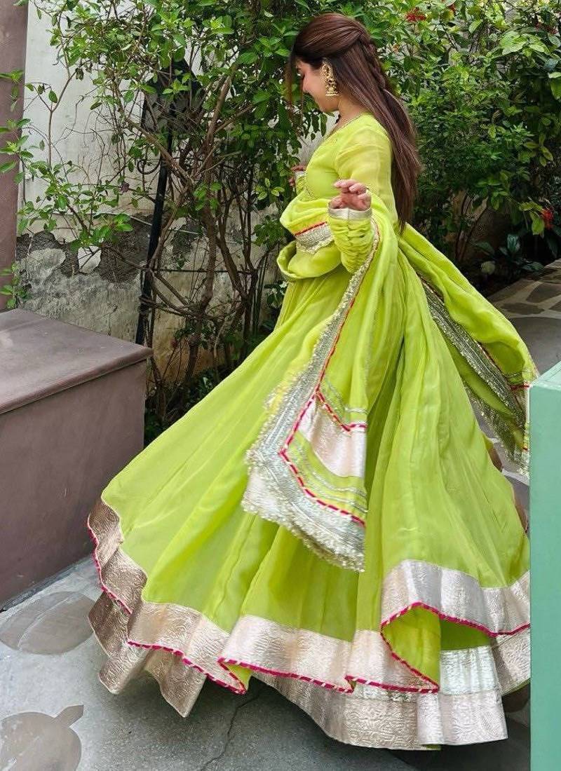 Green Tabby Organza Silk Blend Anarkali Lehenga Set with Mirror Hand Work
