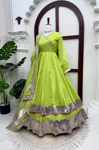 Green Tabby Organza Silk Blend Anarkali Lehenga Set with Mirror Hand Work