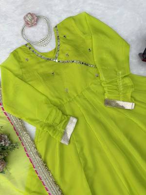 Green Tabby Organza Silk Blend Anarkali Lehenga Set with Mirror Hand Work 4