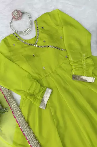Green Tabby Organza Silk Blend Anarkali Lehenga Set with Mirror Hand Work