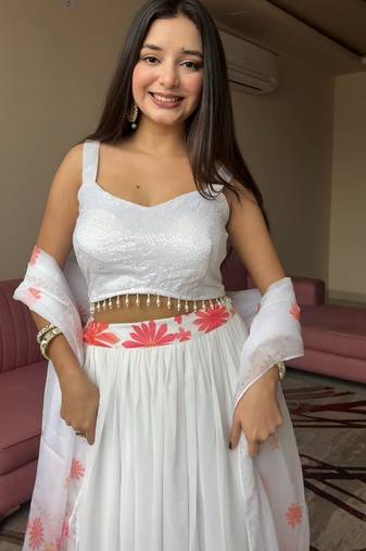 White Soft Georgette Floral Print Lehenga Choli with Sequin & Kodi Work
