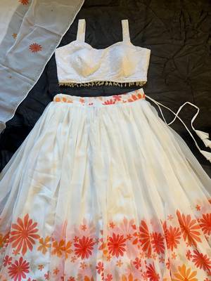 White Soft Georgette Floral Print Lehenga Choli with Sequin & Kodi Work 3