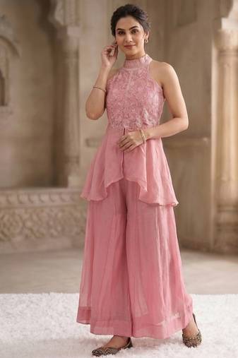 baby pink embroidered fendy crush full stitched sharara palazzo
