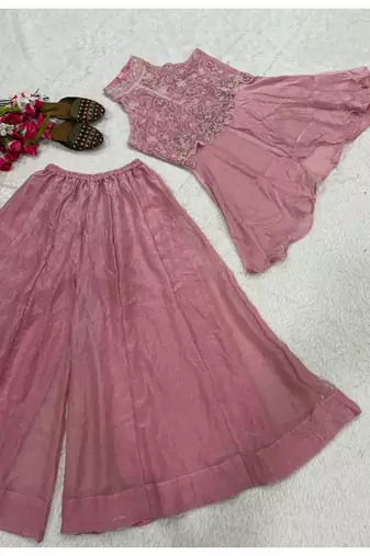 baby pink embroidered fendy crush full stitched sharara palazzo