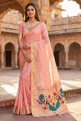 baby pink soft organza silk blend fabric with paithani style lightweight saree with blouse