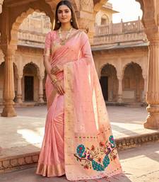 baby pink soft organza silk blend fabric with paithani style lightweight saree with blouse