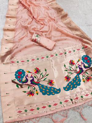 baby pink soft organza silk blend fabric with paithani style lightweight saree with blouse 2