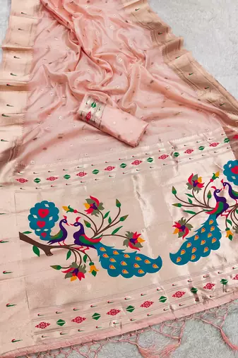 baby pink soft organza silk blend fabric with paithani style lightweight saree with blouse