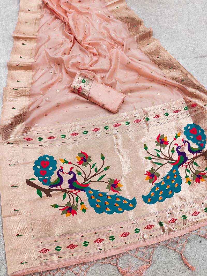 baby pink soft organza silk blend fabric with paithani style lightweight saree with blouse