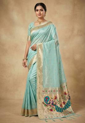 sky blue soft organza silk blend fabric with paithani style lightweight saree with blouse 1