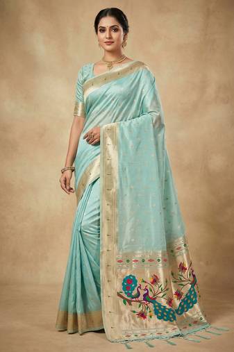 sky blue soft organza silk blend fabric with paithani style lightweight saree with blouse