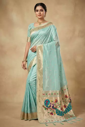 sky blue soft organza silk blend fabric with paithani style lightweight saree with blouse