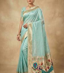 sky blue soft organza silk blend fabric with paithani style lightweight saree with blouse