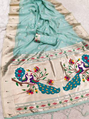 sky blue soft organza silk blend fabric with paithani style lightweight saree with blouse 2