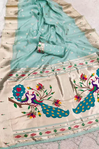 sky blue soft organza silk blend fabric with paithani style lightweight saree with blouse