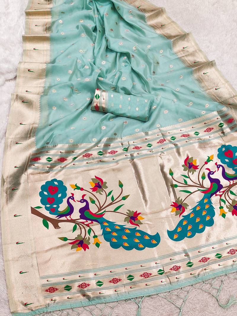 sky blue soft organza silk blend fabric with paithani style lightweight saree with blouse