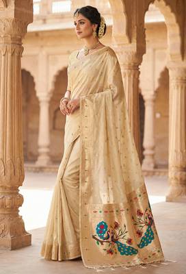 beige soft organza silk blend fabric with paithani style lightweight saree with blouse 1