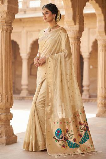 beige soft organza silk blend fabric with paithani style lightweight saree with blouse
