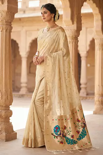 beige soft organza silk blend fabric with paithani style lightweight saree with blouse