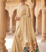 beige soft organza silk blend fabric with paithani style lightweight saree with blouse