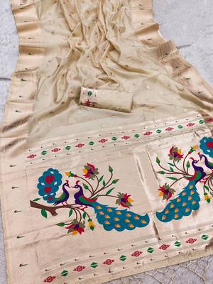 beige soft organza silk blend fabric with paithani style lightweight saree with blouse 2