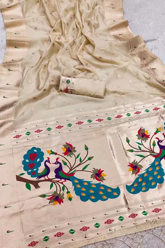 beige soft organza silk blend fabric with paithani style lightweight saree with blouse