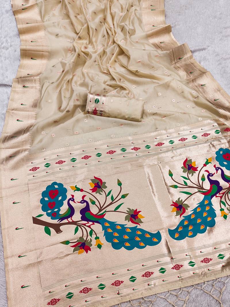 beige soft organza silk blend fabric with paithani style lightweight saree with blouse