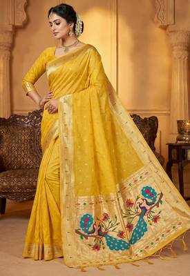 yellow soft organza silk blend fabric with paithani style lightweight saree with blouse 1