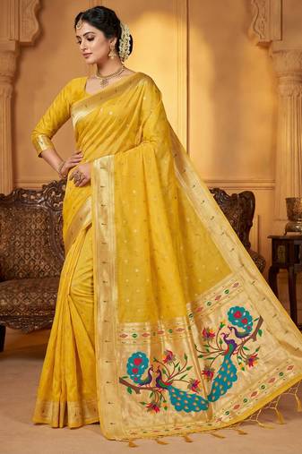 yellow soft organza silk blend fabric with paithani style lightweight saree with blouse
