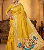 yellow soft organza silk blend fabric with paithani style lightweight saree with blouse