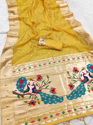 yellow soft organza silk blend fabric with paithani style lightweight saree with blouse 2