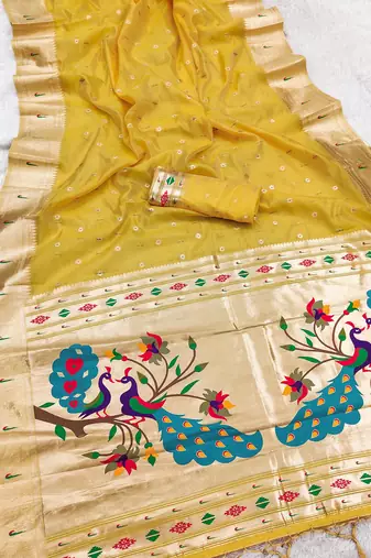 yellow soft organza silk blend fabric with paithani style lightweight saree with blouse